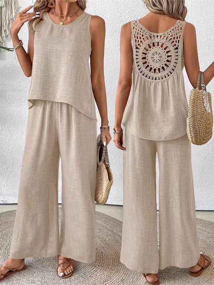 طقم نسائي من قطعتين بلون موحد، - مراجعة Linen Pant Wide وسعره