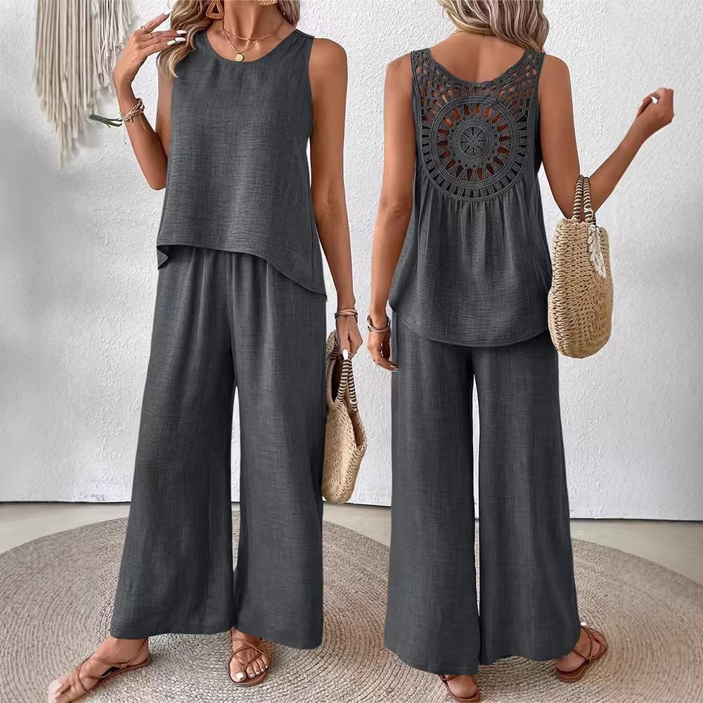 طقم نسائي من قطعتين بلون موحد، - مراجعة Linen Pant Wide وسعره