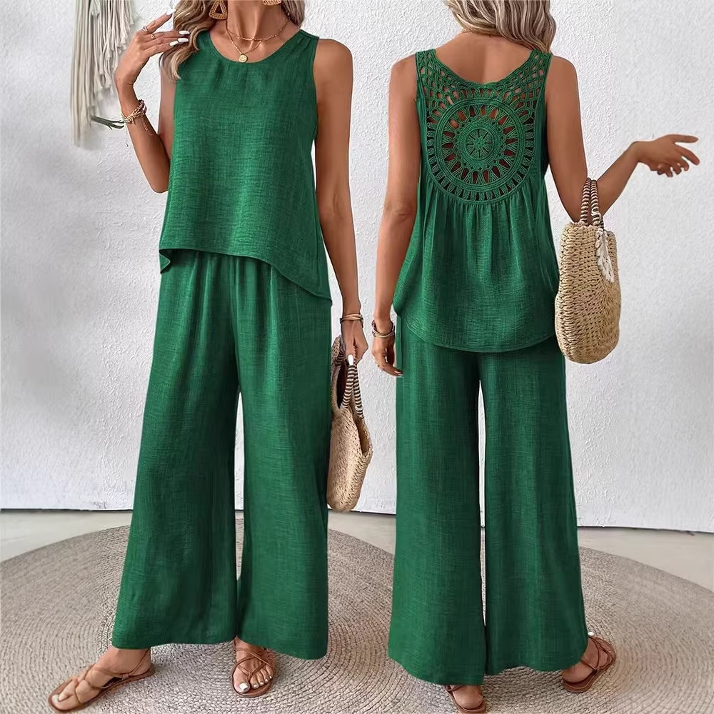 طقم نسائي من قطعتين بلون موحد، - مراجعة Linen Pant Wide وسعره