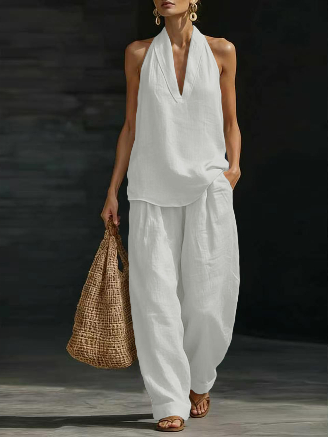 طقم نسائي من قطعتين من الكتان، - مراجعة Linen Pant Wide وسعره