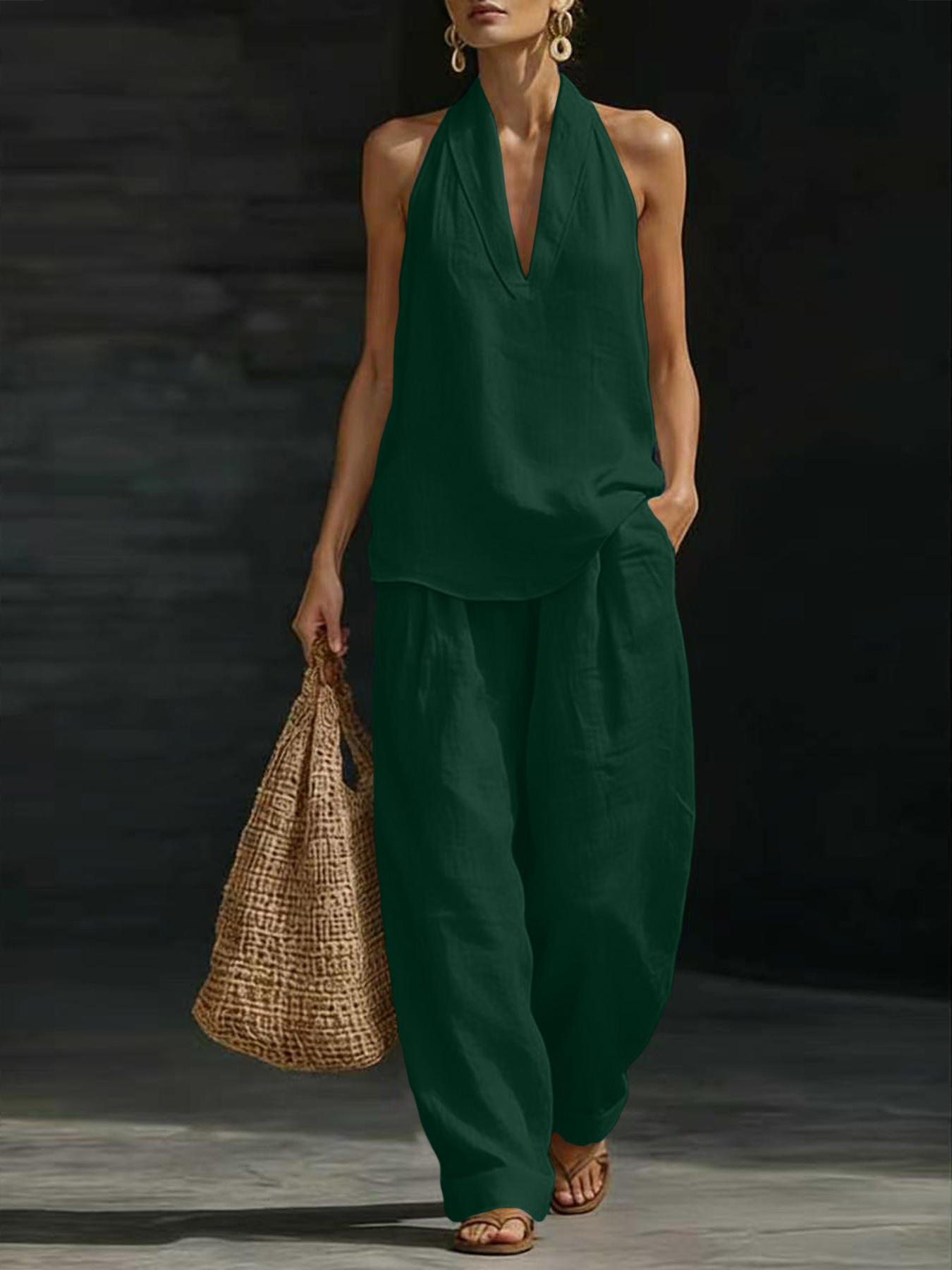 طقم نسائي من قطعتين من الكتان، - مراجعة Linen Pant Wide وسعره