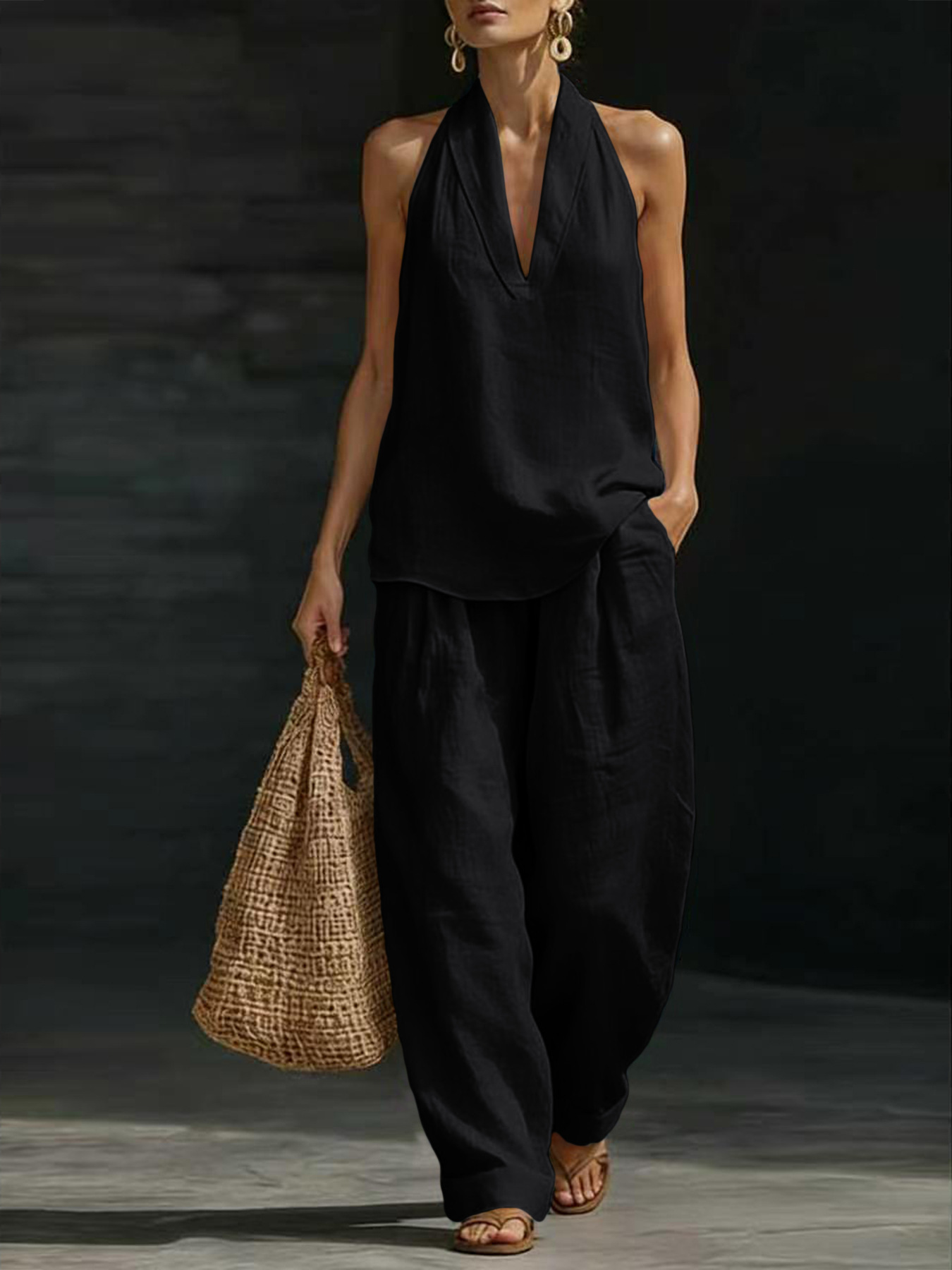 طقم نسائي من قطعتين من الكتان، - مراجعة Linen Pant Wide وسعره