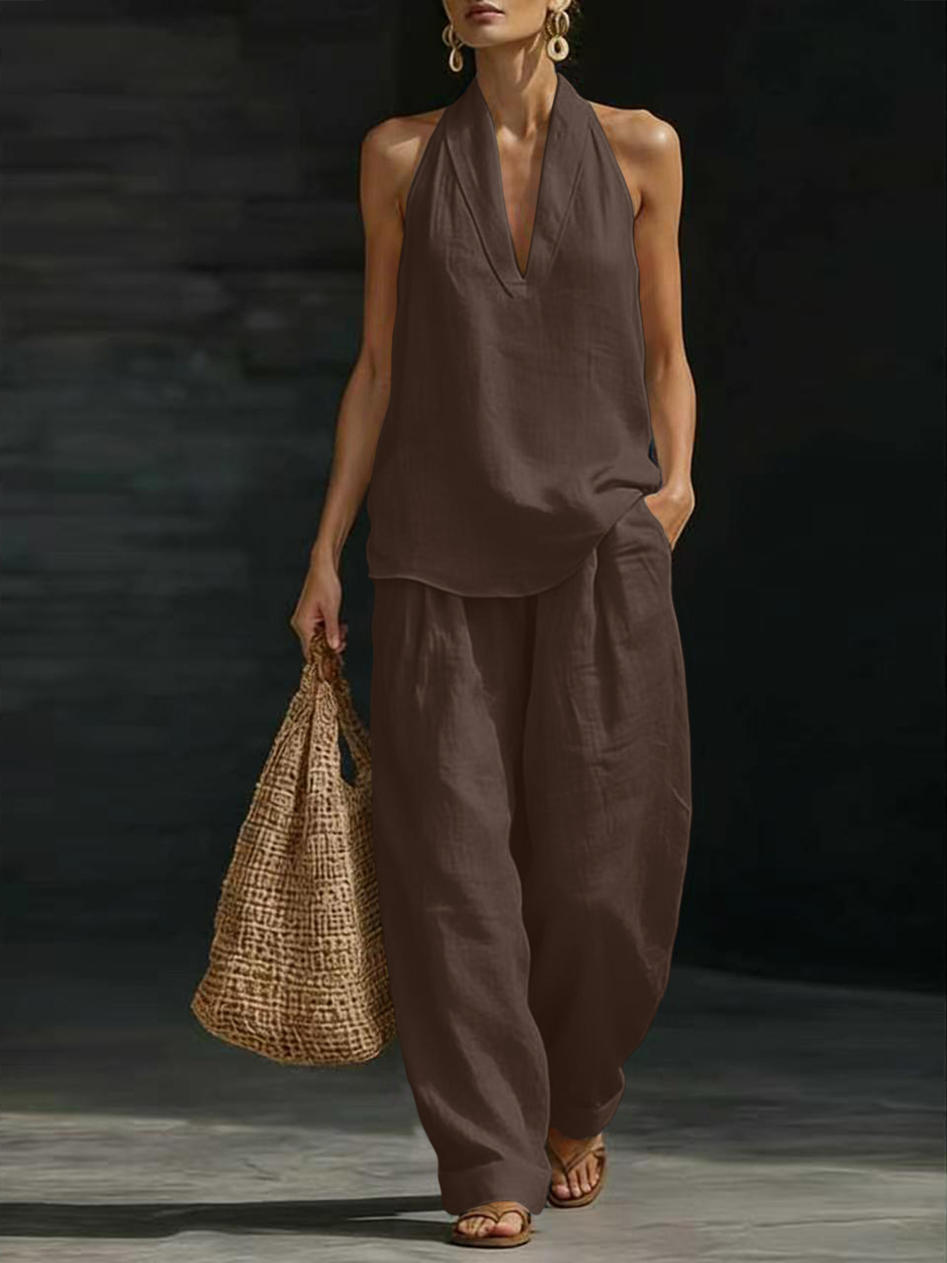 طقم نسائي من قطعتين من الكتان، - مراجعة Linen Pant Wide وسعره